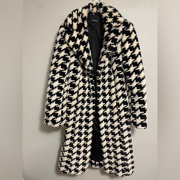 Express Houndstooth Faux Fur Long Coat - Picture 1 of 5